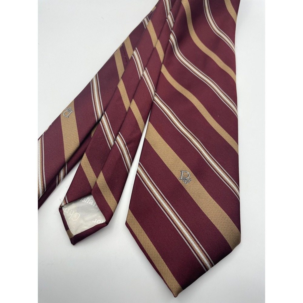 Christian Dior Mens Striped Silk Tie Burgundy Tan White Logo Necktie Designer